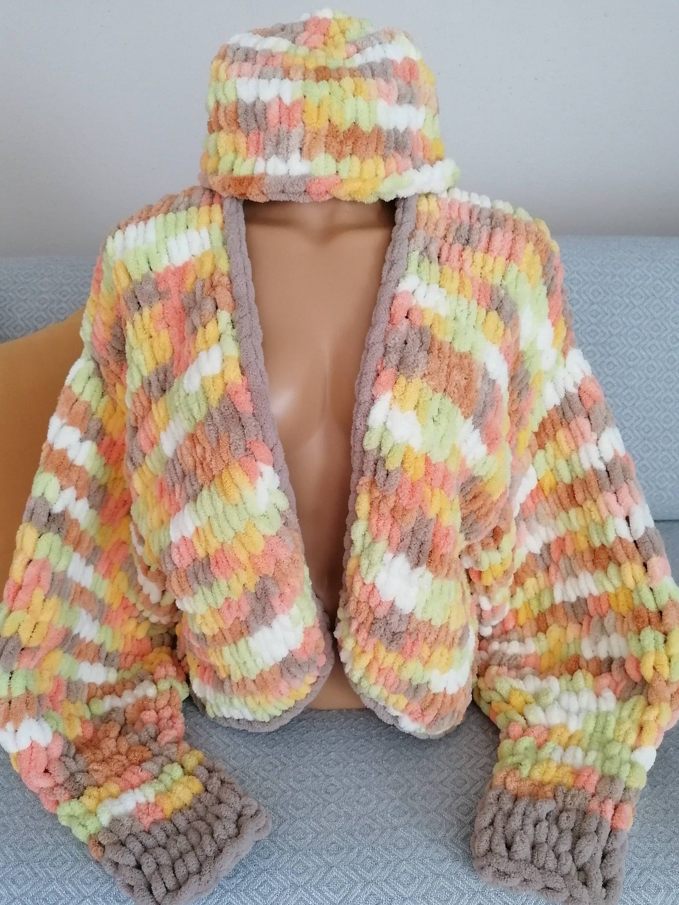 Bohemian Chunky Chenille Knit Cardigan & Beanie Set