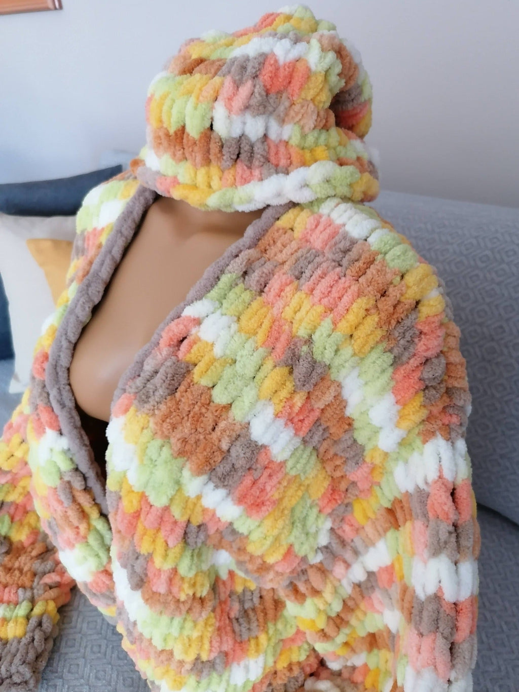 Bohemian Chunky Chenille Knit Cardigan & Beanie Set