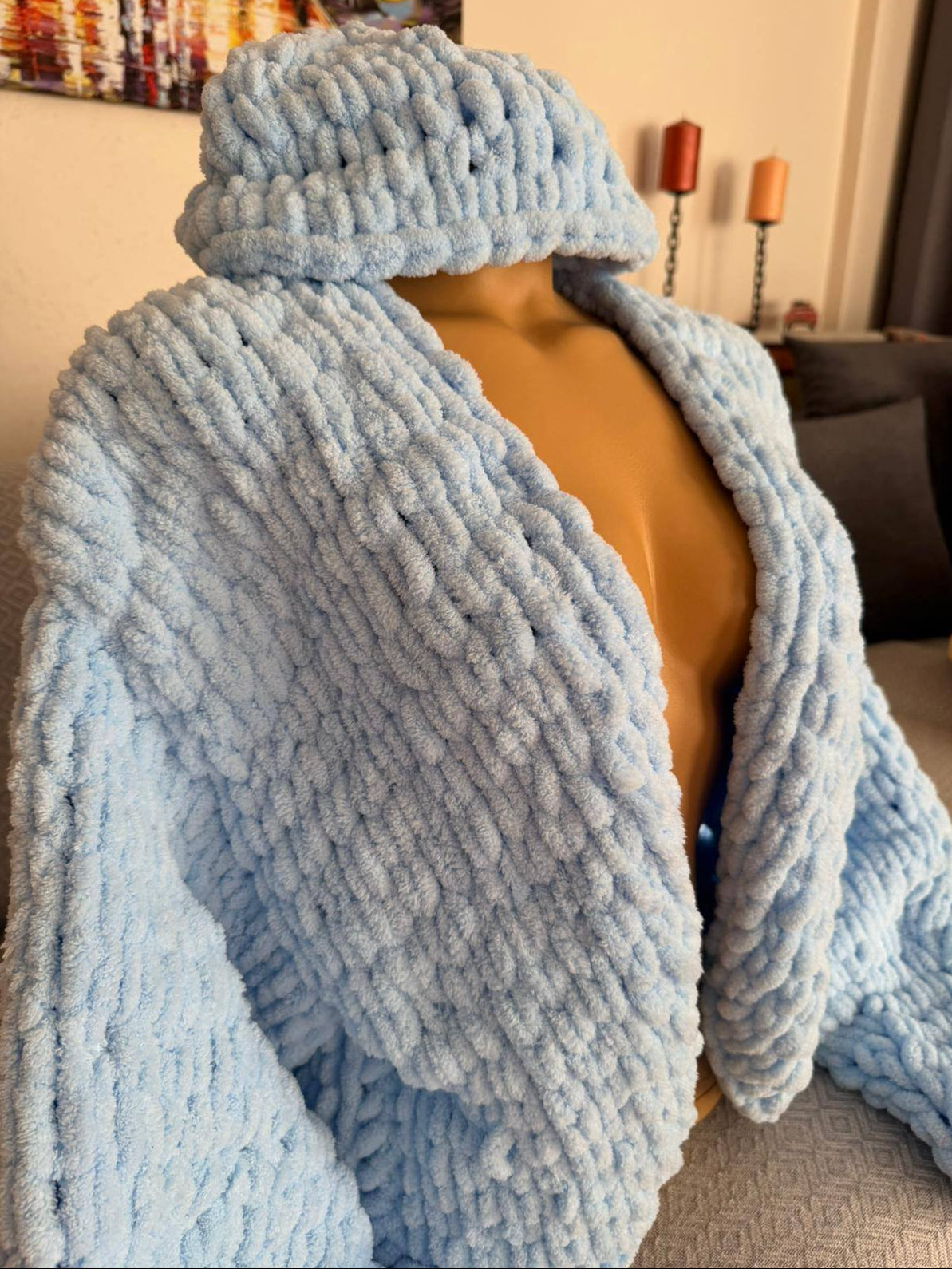 Oversized Chunky Chenille Knit Cardigan and Beanie Set