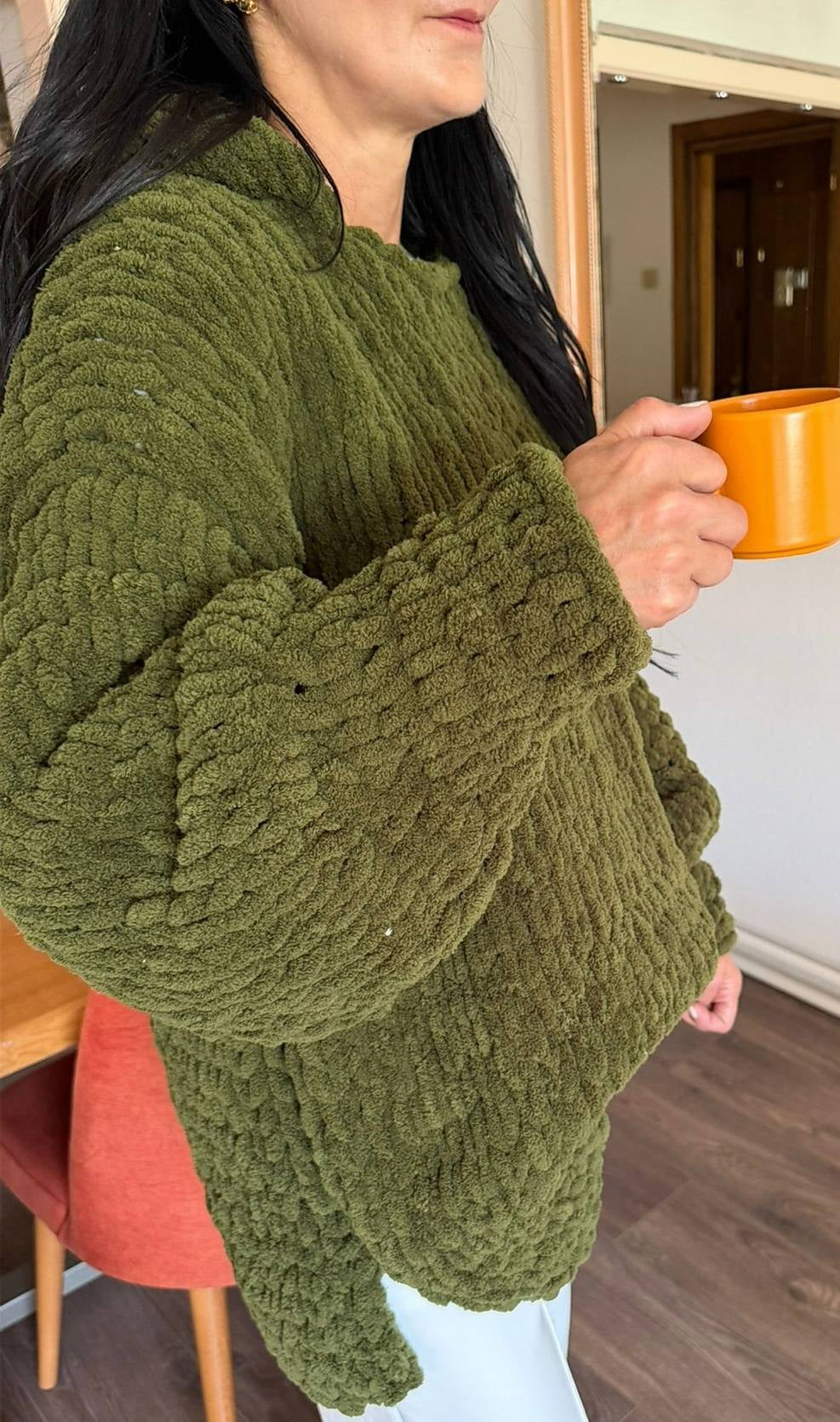 Hand-Knitted Oversized Chunky Chenille Hoodie, Balloon Sleeve
