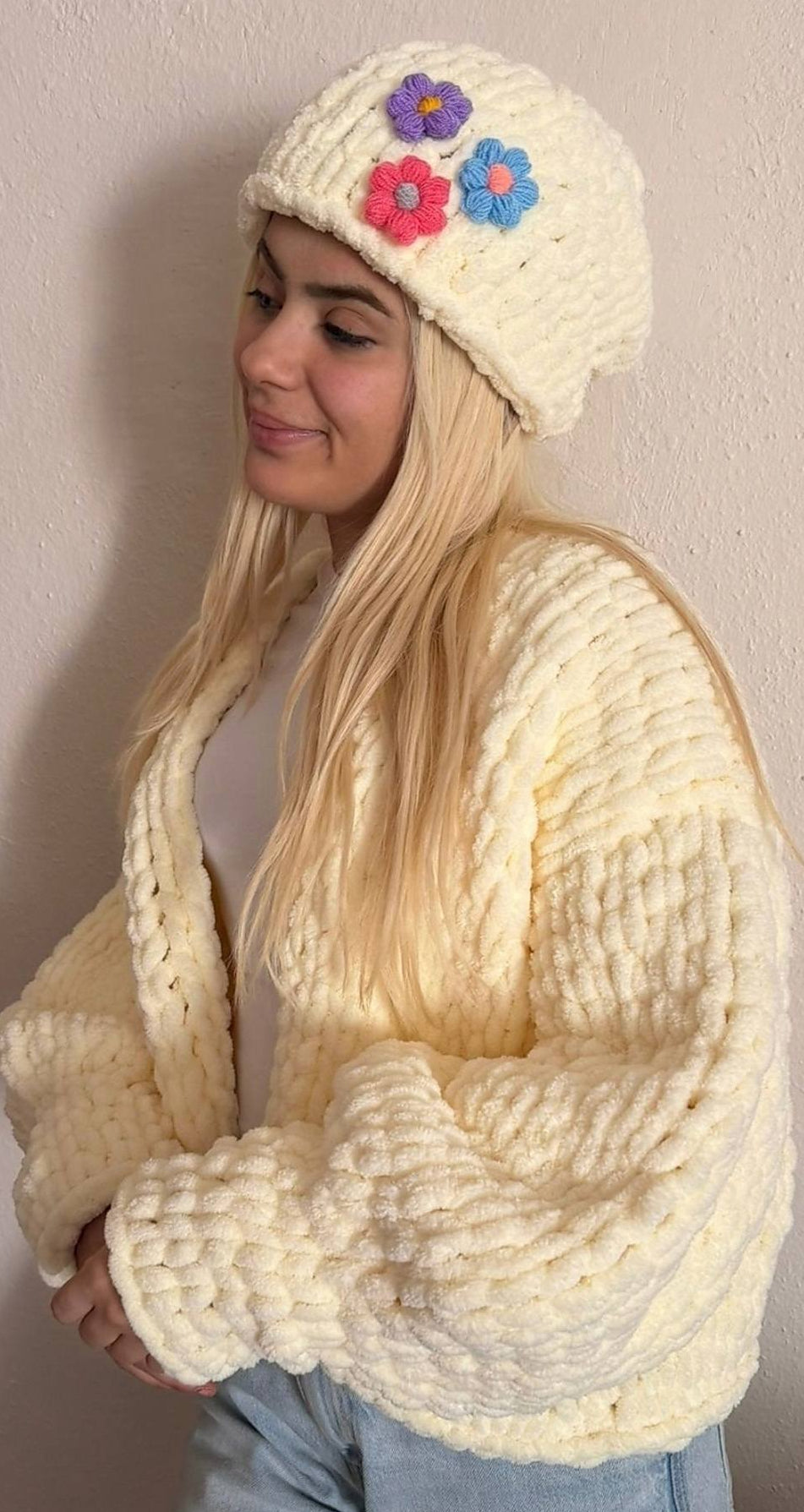 Chunky Chenille Knit Cardigan Beanie Set