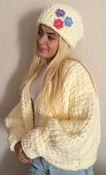 Chunky Chenille Knit Cardigan Beanie Set