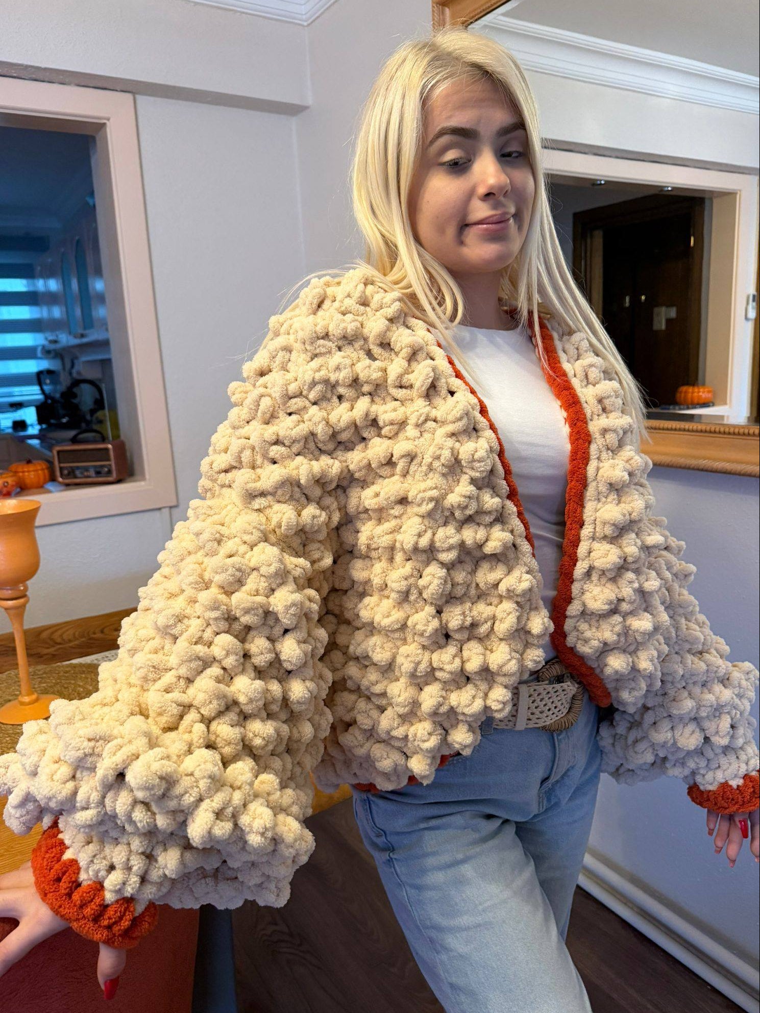 Hand-Knitted Chunky Chenille Cardigan, Popcorn Texture Balloon Sleeve