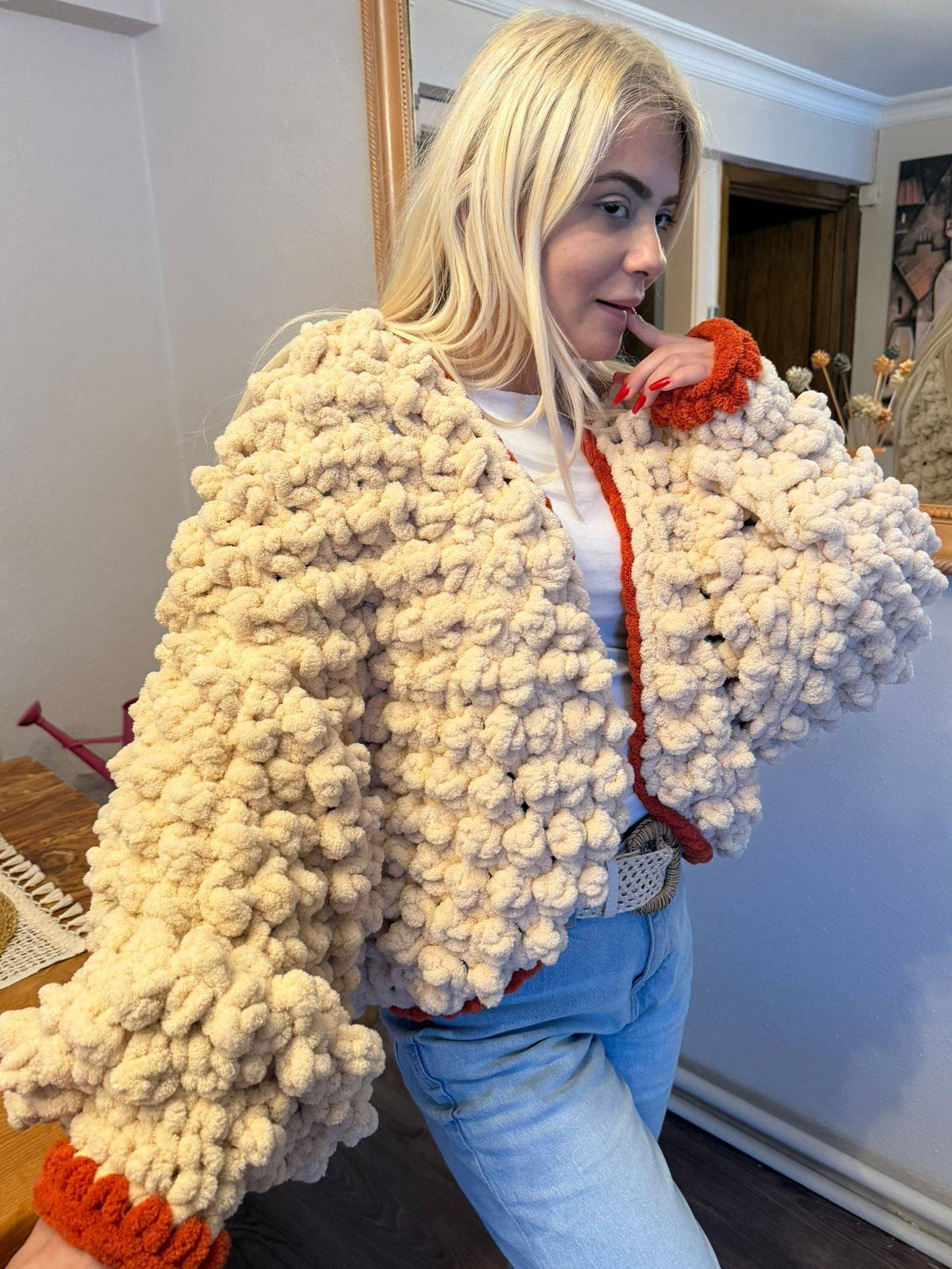 Hand-Knitted Chunky Chenille Cardigan, Popcorn Texture Balloon Sleeve