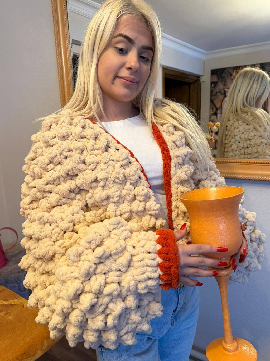 Hand-Knitted Chunky Chenille Cardigan, Popcorn Texture Balloon Sleeve