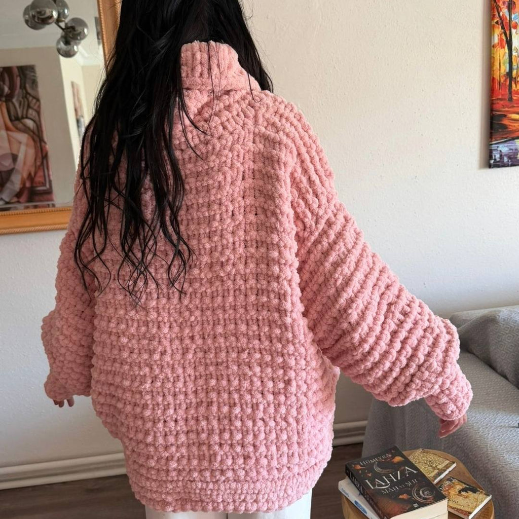 Handmade Pink Chenille Chunky Knit Balloon Sleeve Turtleneck Sweater