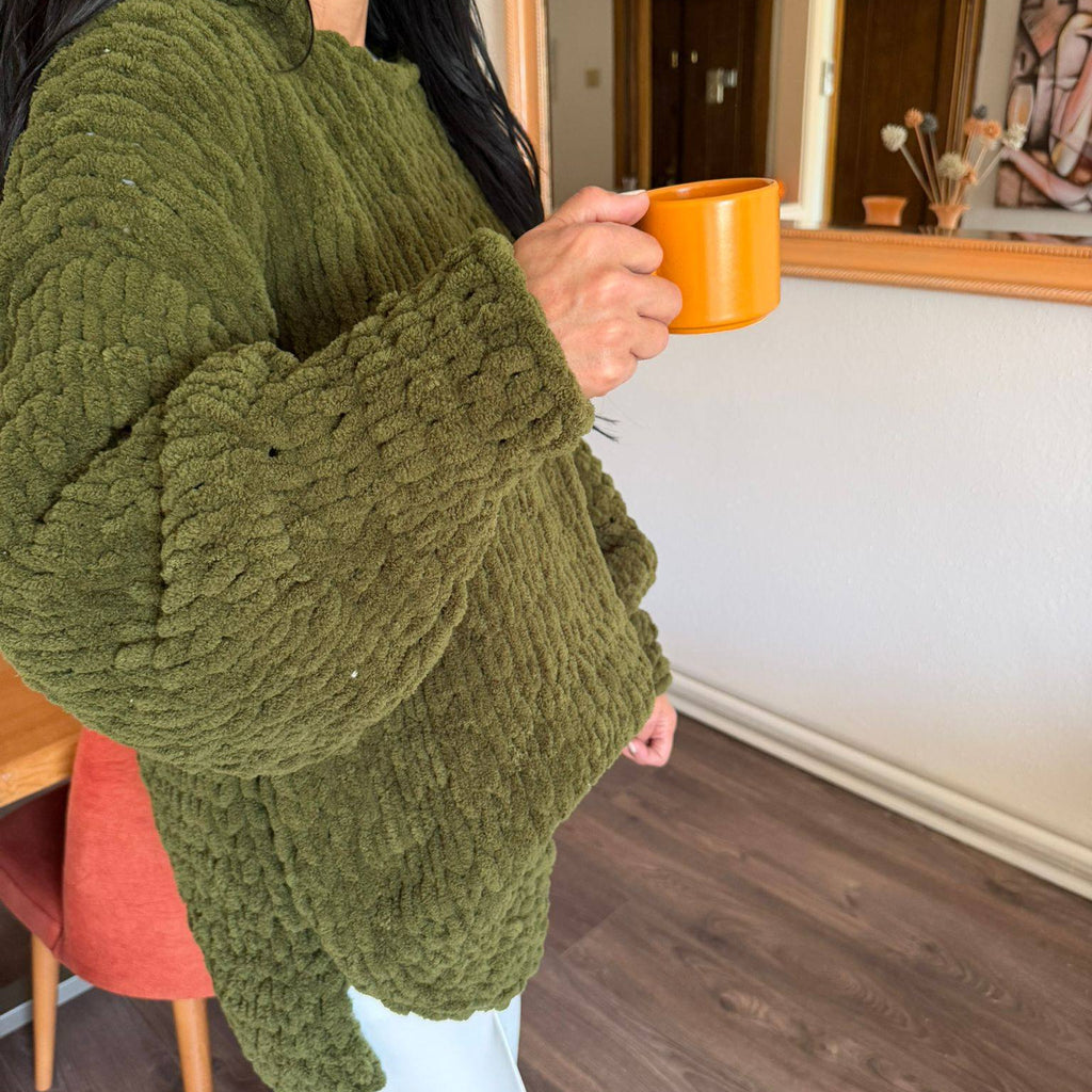 Hand-Knitted Oversized Chunky Chenille Hoodie, Balloon Sleeve