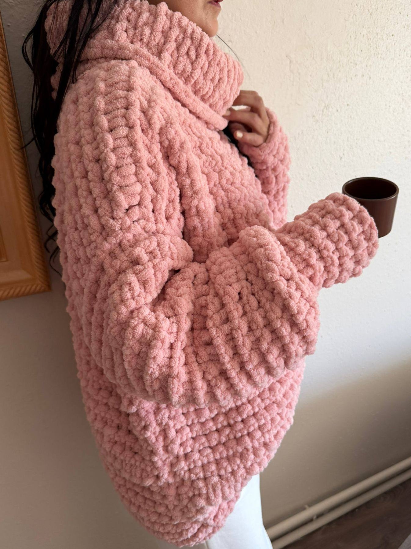 Handmade Pink Chenille Chunky Knit Balloon Sleeve Turtleneck Sweater