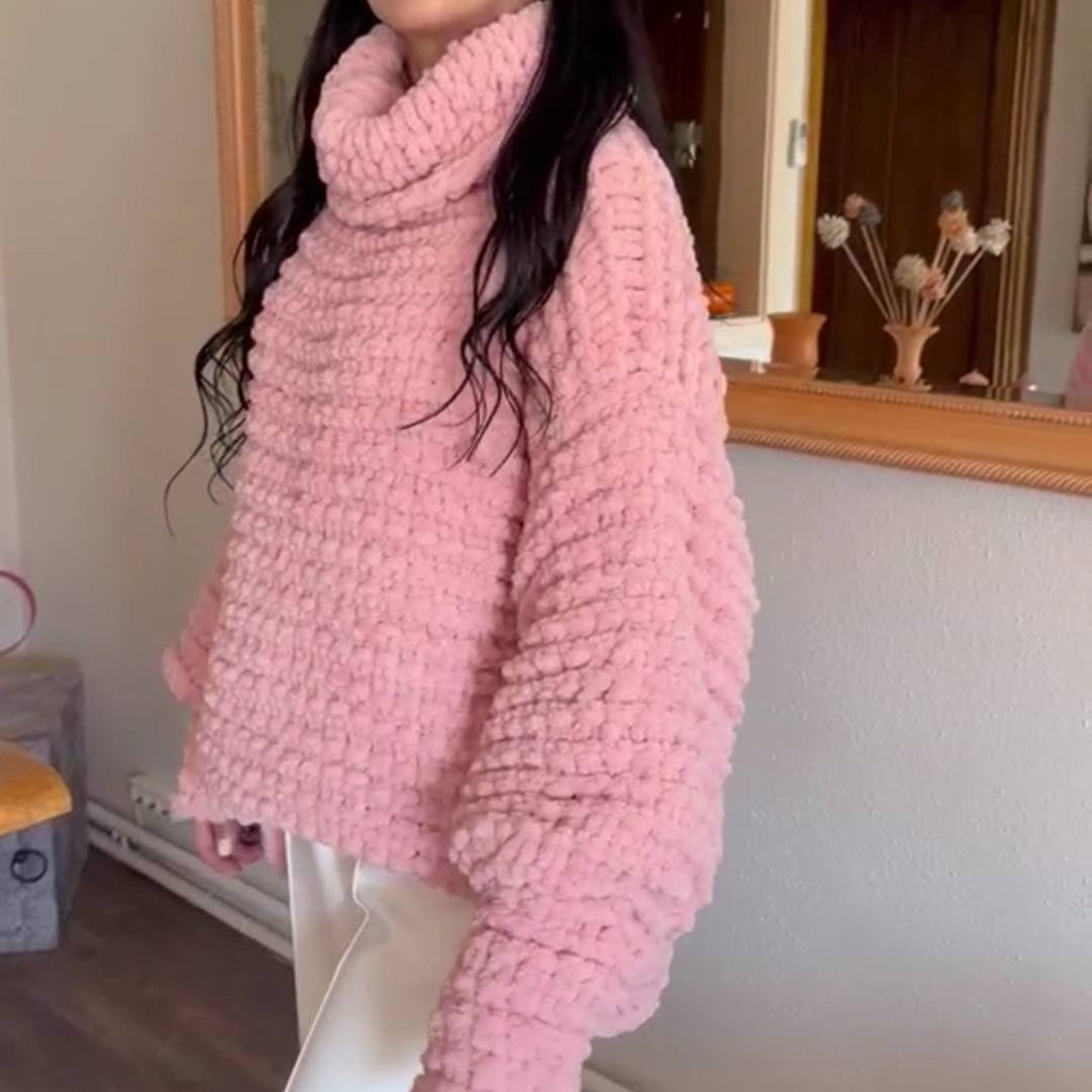 Handmade Pink Chenille Chunky Knit Balloon Sleeve Turtleneck Sweater