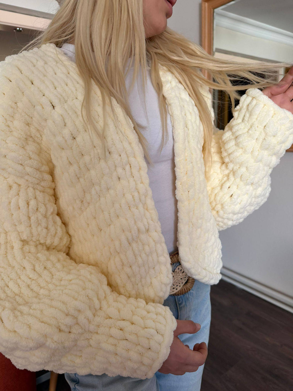 Chunky Chenille Knit Cardigan Beanie Set
