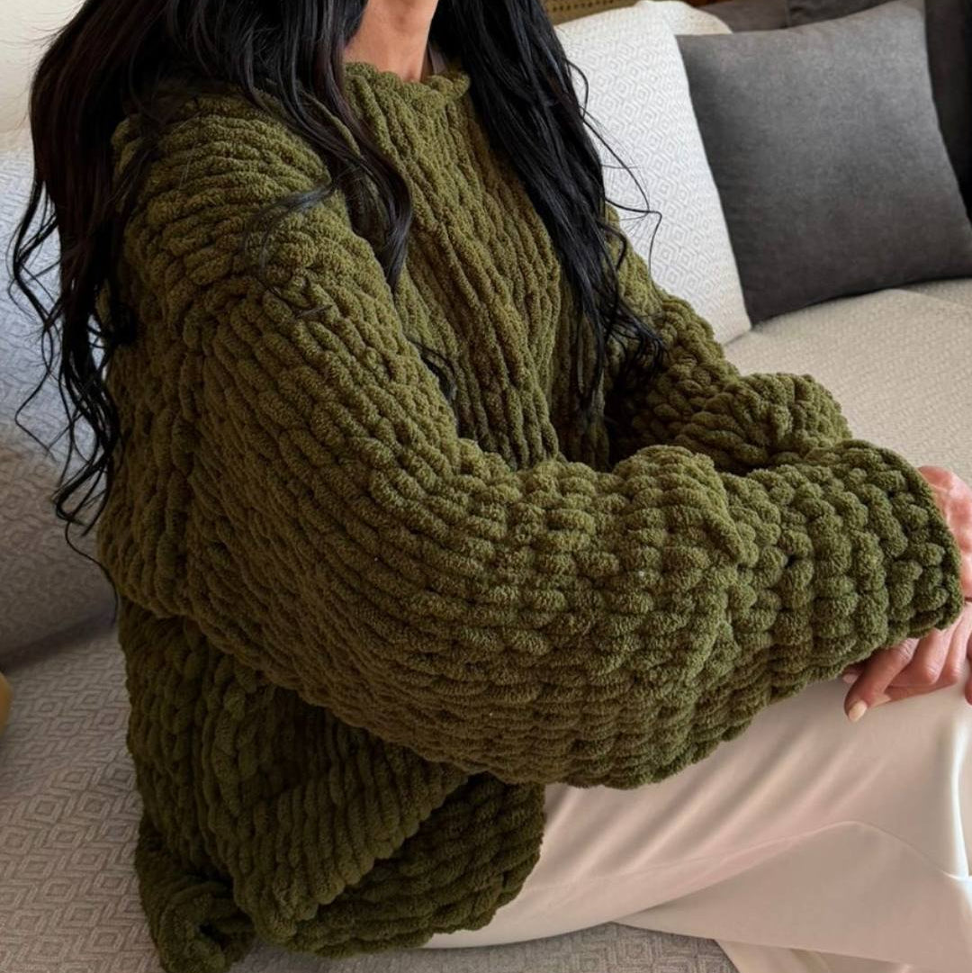 Hand-Knitted Oversized Chunky Chenille Hoodie, Balloon Sleeve
