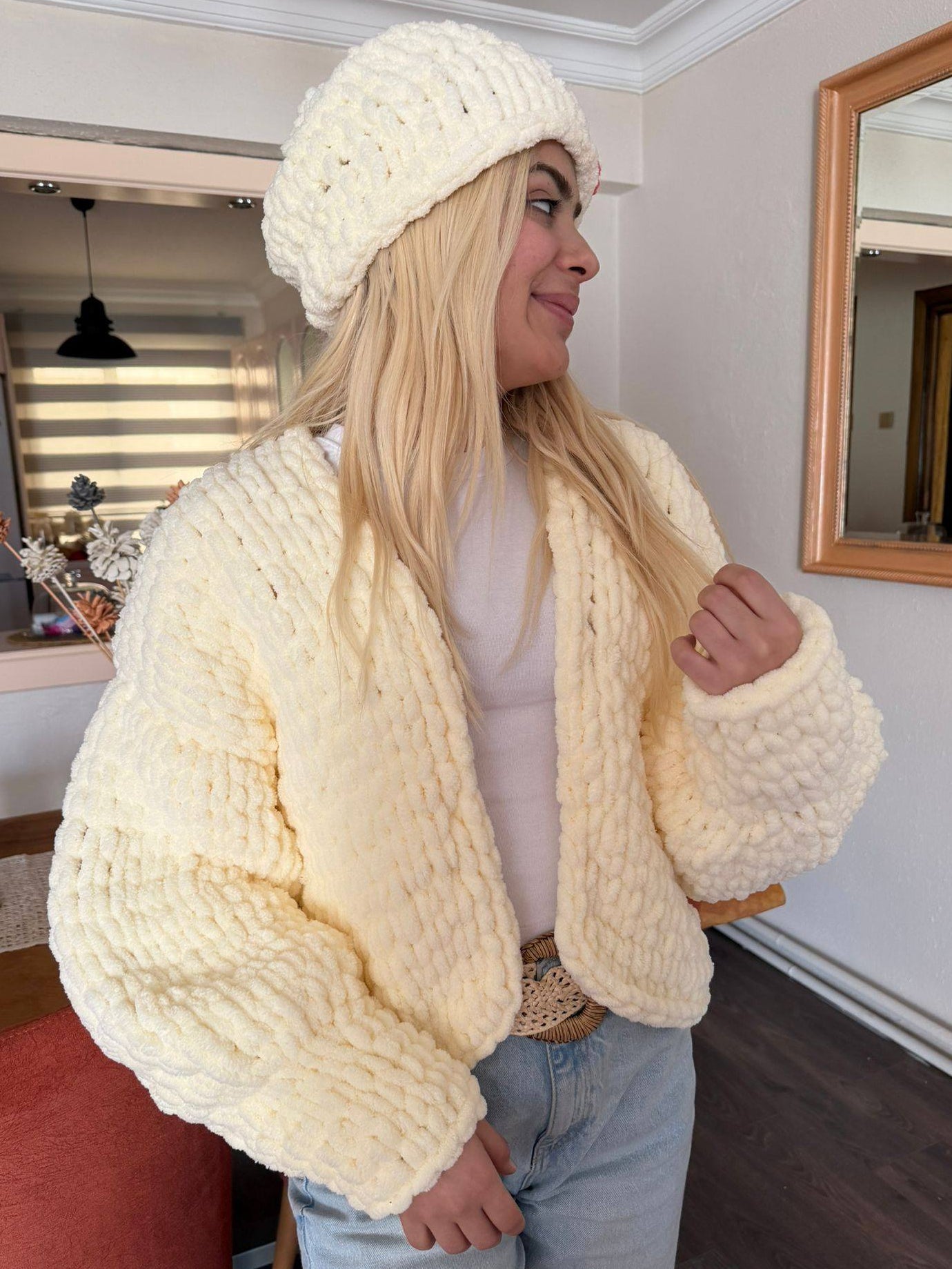 Chunky Chenille Knit Cardigan Beanie Set