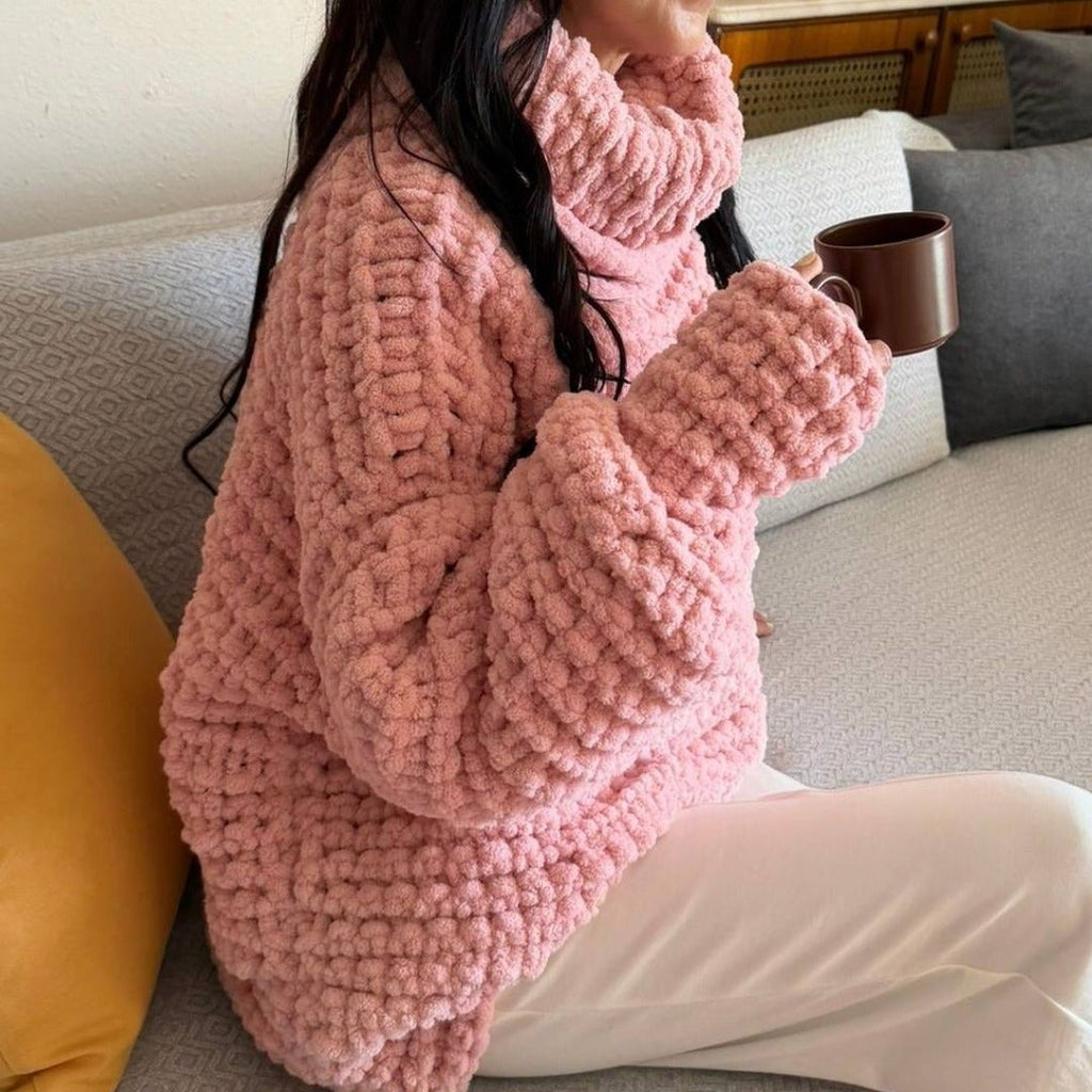 Handmade Pink Chenille Chunky Knit Balloon Sleeve Turtleneck Sweater