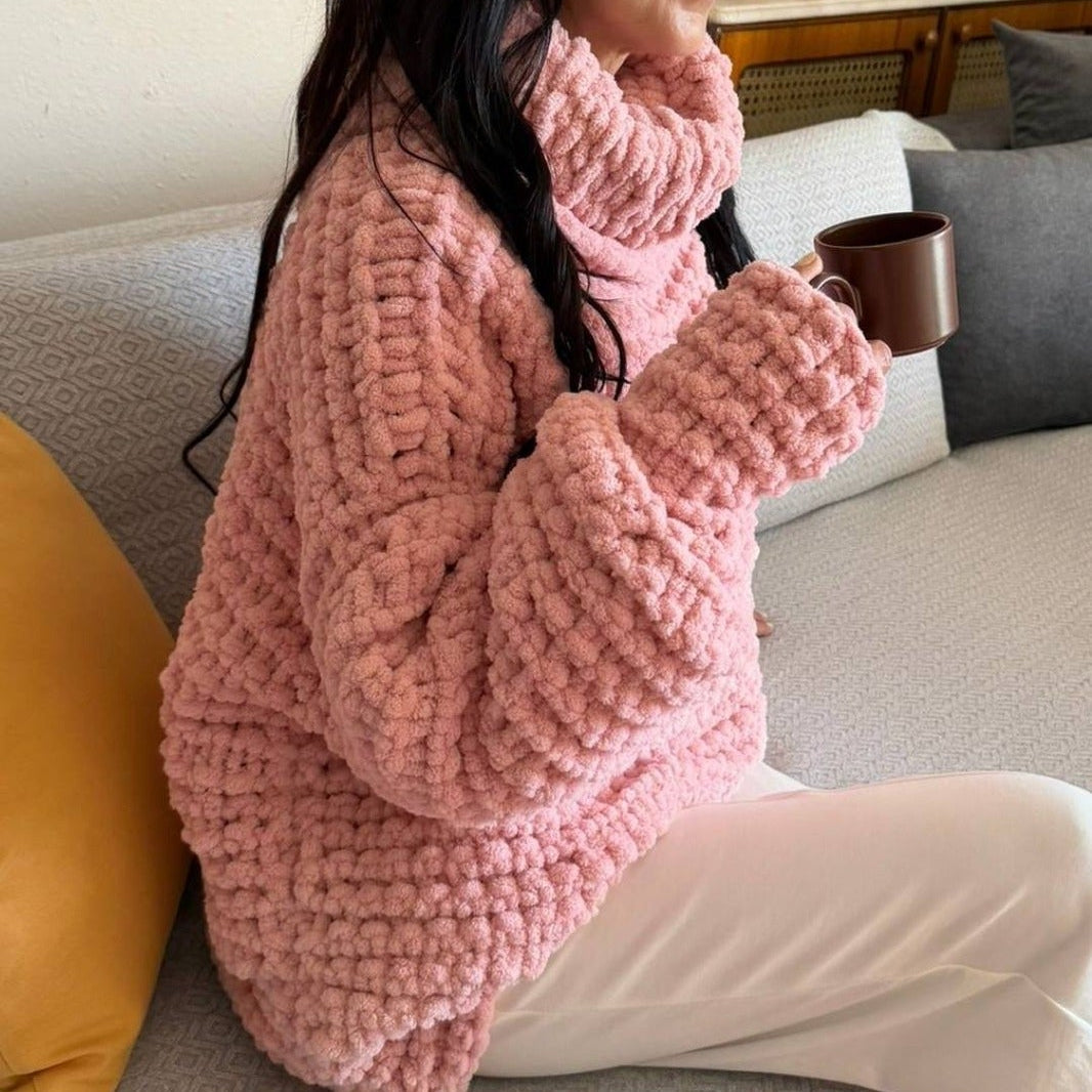 Handmade Pink Chenille Chunky Knit Balloon Sleeve Turtleneck Sweater