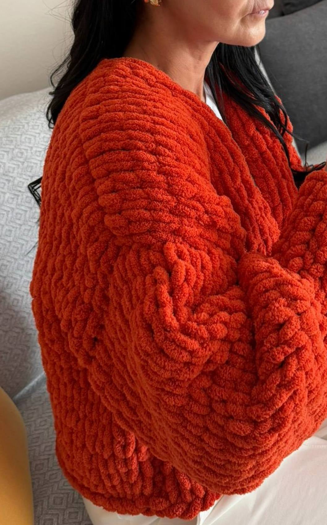 Chunky Knit Chenille Cardigan Balloon Sleeve – Terracotta