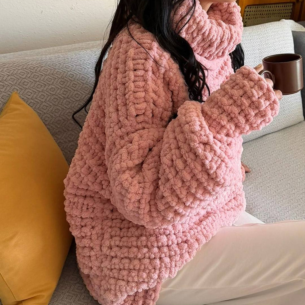 Handmade Pink Chenille Chunky Knit Balloon Sleeve Turtleneck Sweater