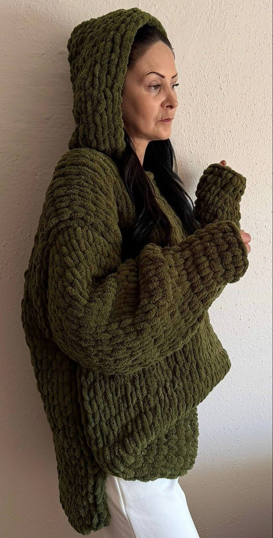 Hand-Knitted Oversized Chunky Chenille Hoodie, Balloon Sleeve