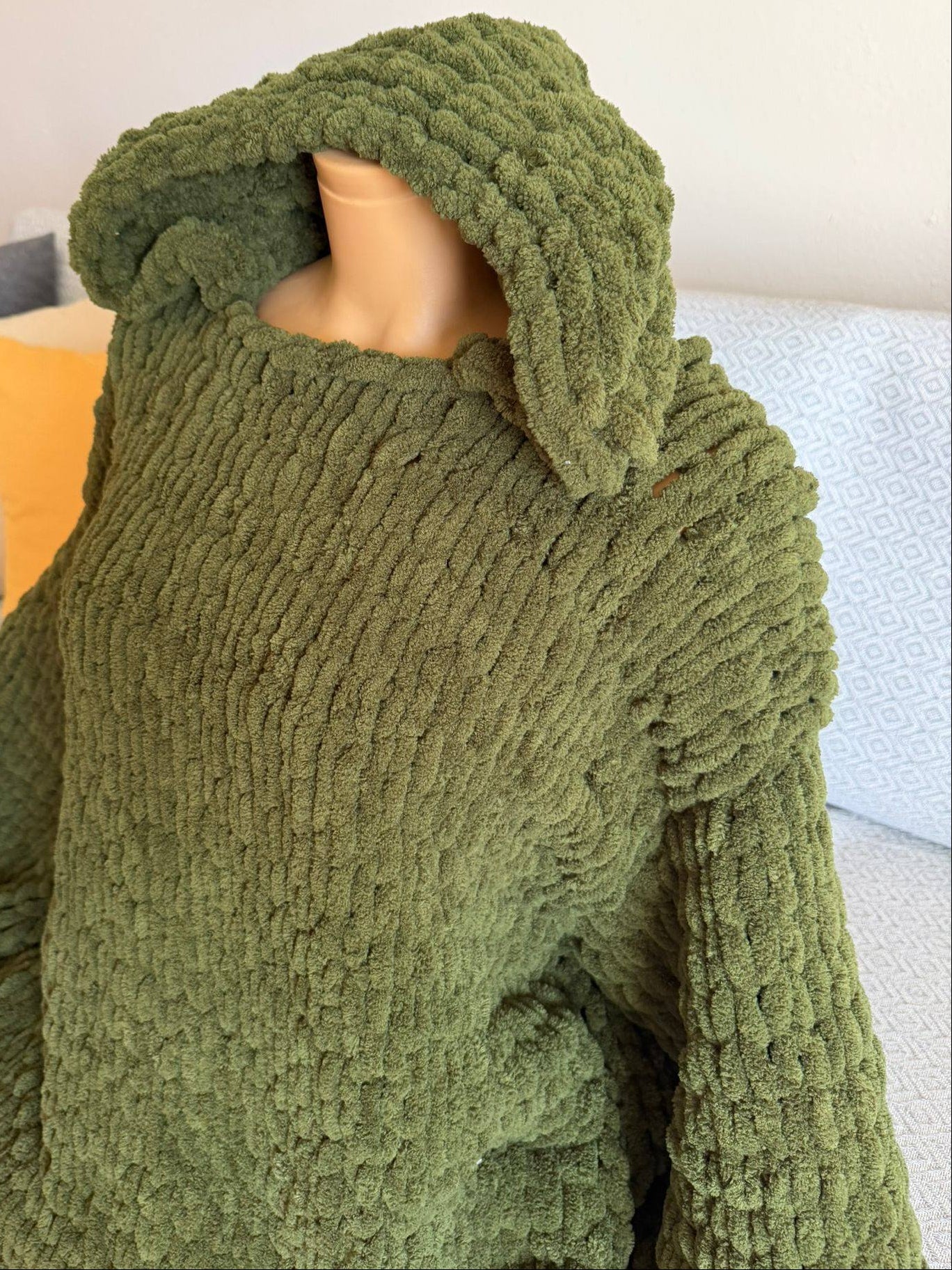 Hand-Knitted Oversized Chunky Chenille Hoodie, Balloon Sleeve