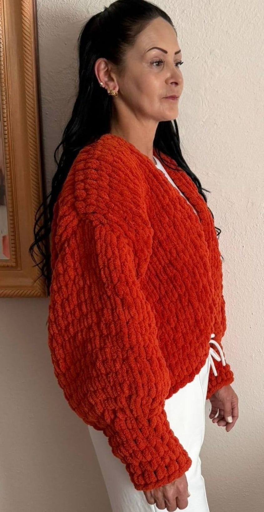 Chunky Knit Chenille Cardigan Balloon Sleeve – Terracotta