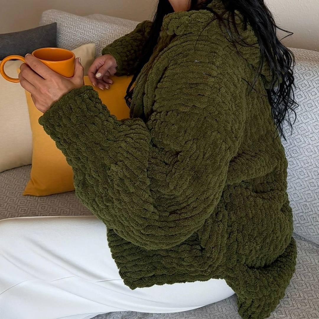 Hand-Knitted Oversized Chunky Chenille Hoodie, Balloon Sleeve