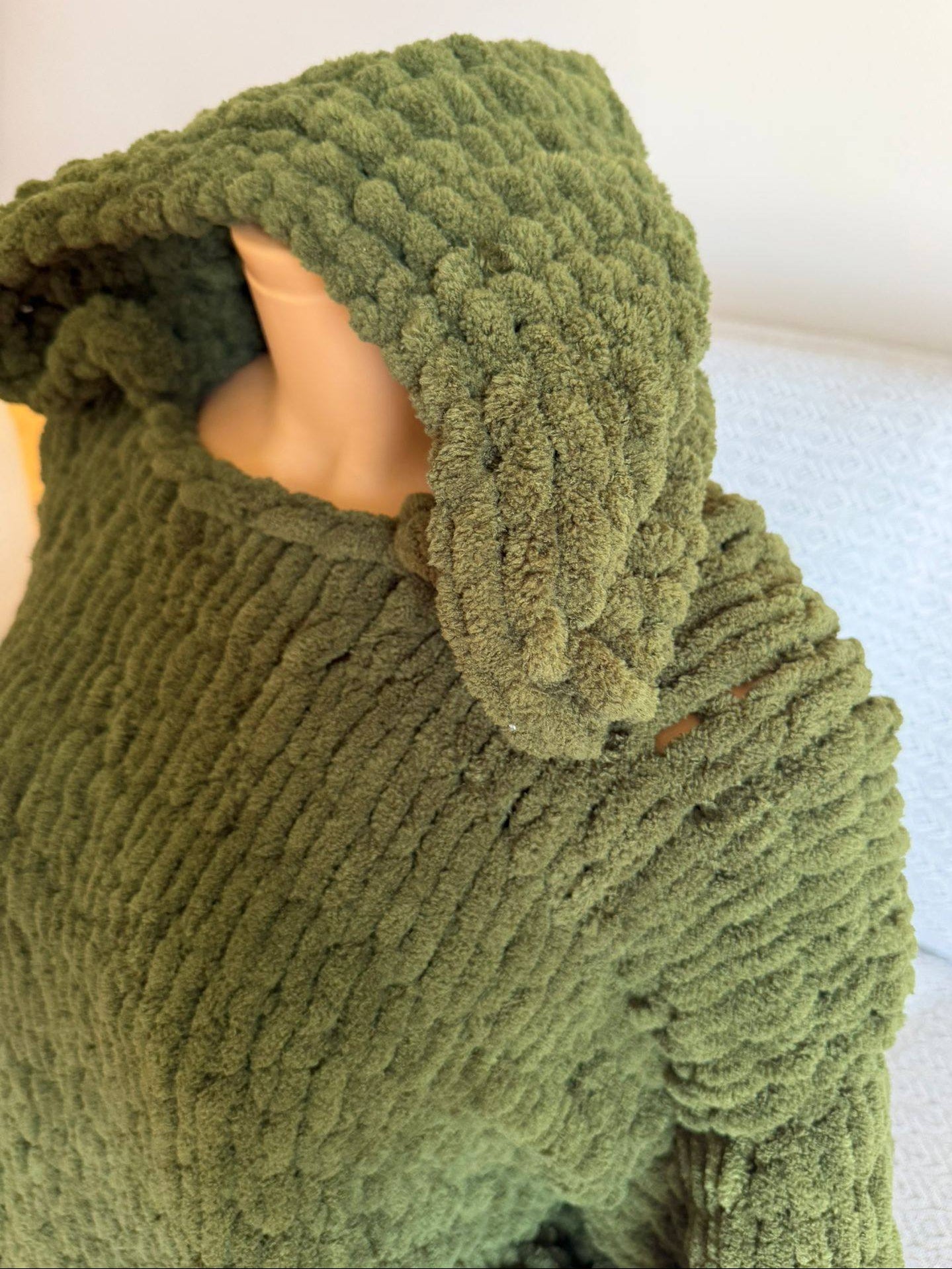 Hand-Knitted Oversized Chunky Chenille Hoodie, Balloon Sleeve