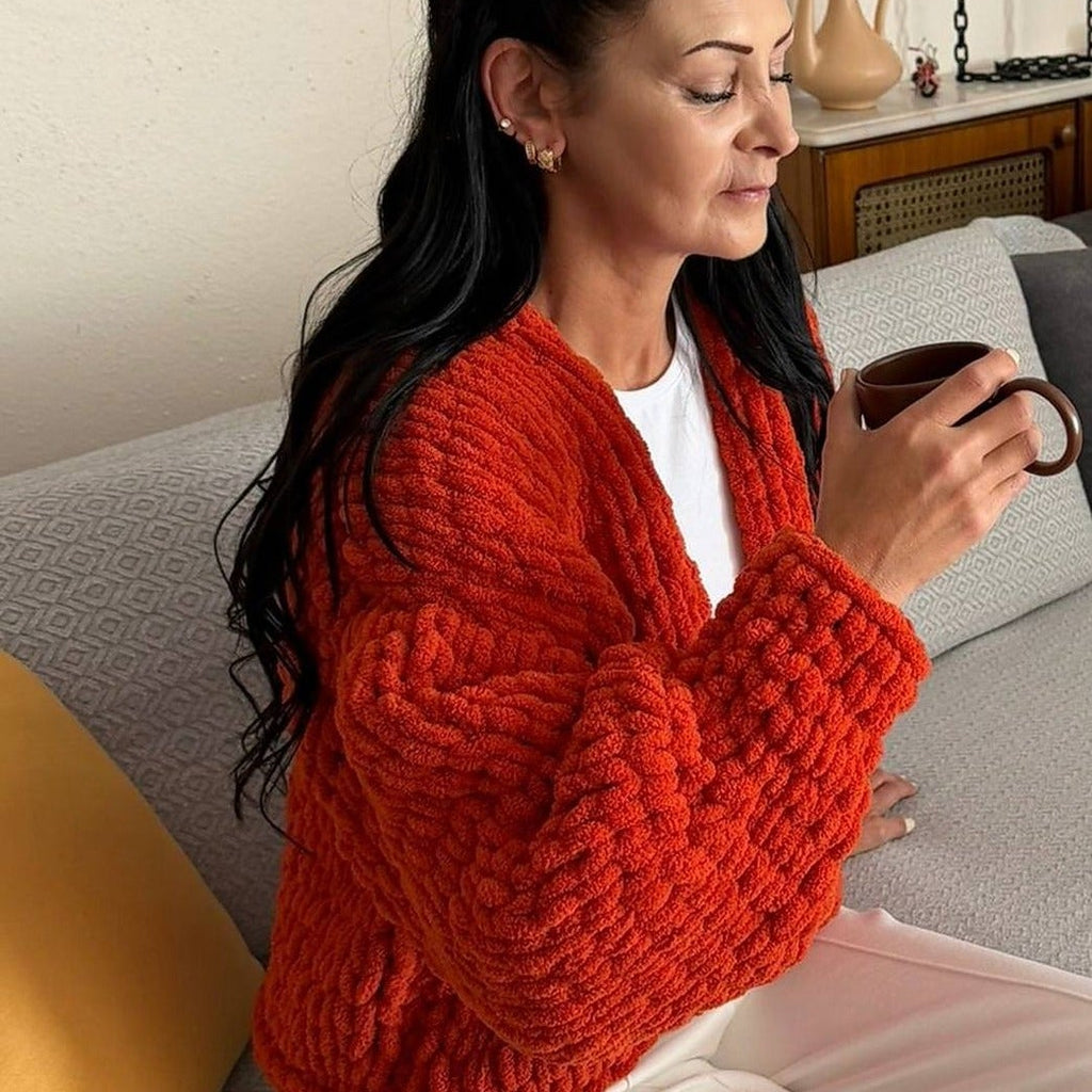 Chunky Knit Chenille Cardigan Balloon Sleeve – Terracotta