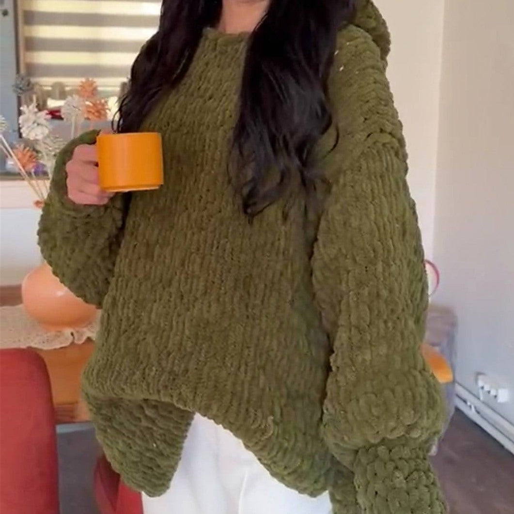 Hand-Knitted Oversized Chunky Chenille Hoodie, Balloon Sleeve
