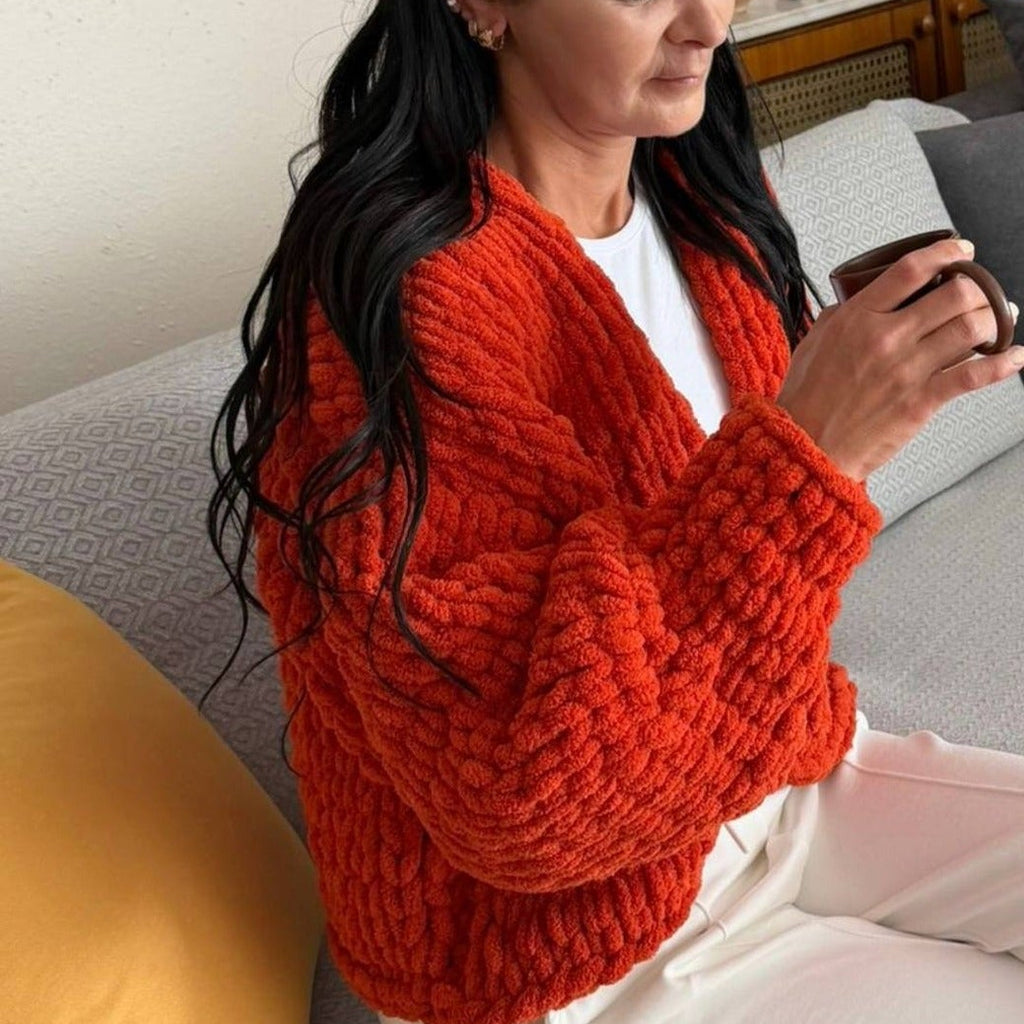 Chunky Knit Chenille Cardigan Balloon Sleeve – Terracotta