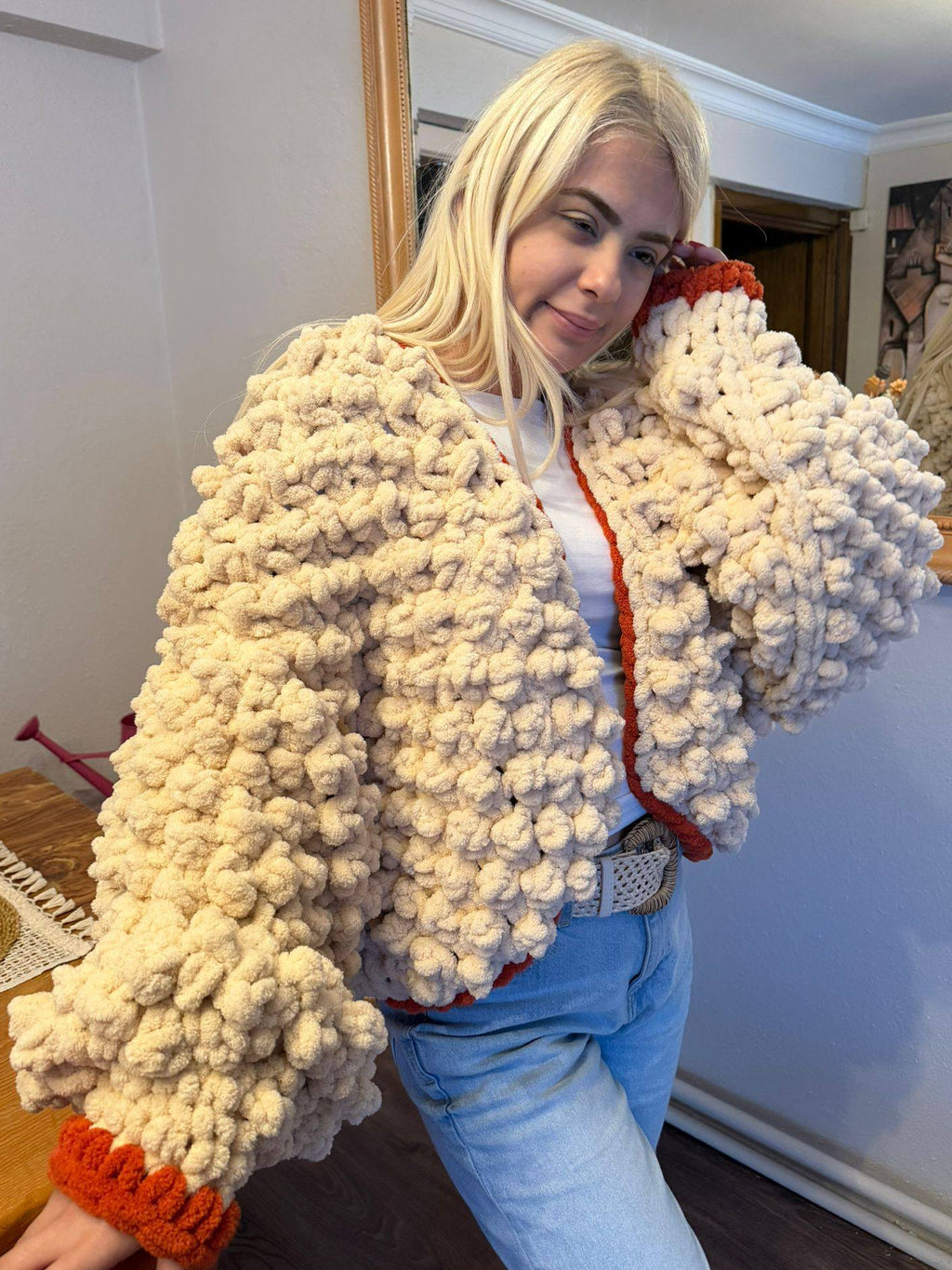 Hand-Knitted Chunky Chenille Cardigan, Popcorn Texture Balloon Sleeve