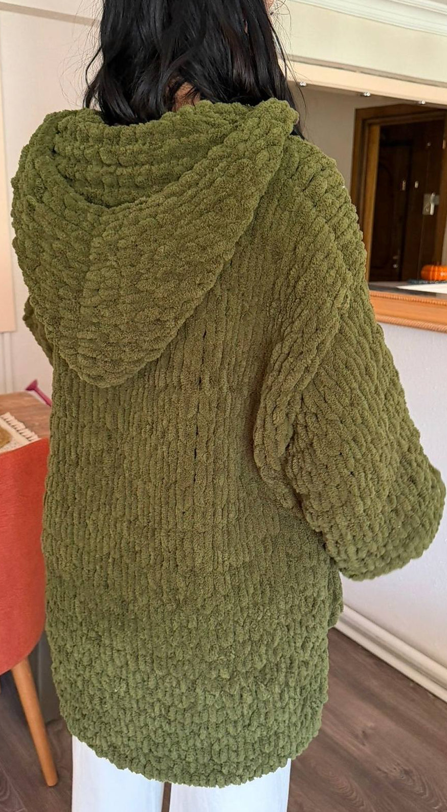 Hand-Knitted Oversized Chunky Chenille Hoodie, Balloon Sleeve