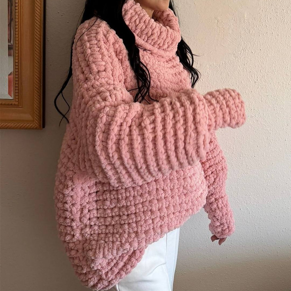 Handmade Pink Chenille Chunky Knit Balloon Sleeve Turtleneck Sweater