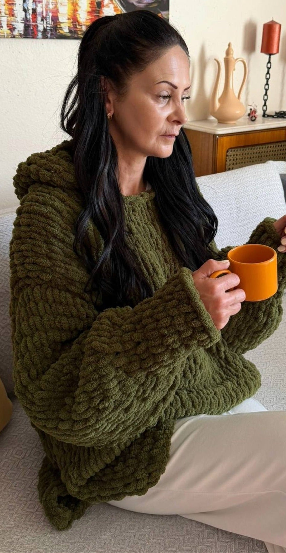 Hand-Knitted Oversized Chunky Chenille Hoodie, Balloon Sleeve