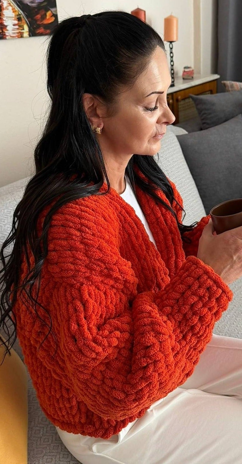 Chunky Knit Chenille Cardigan Balloon Sleeve – Terracotta