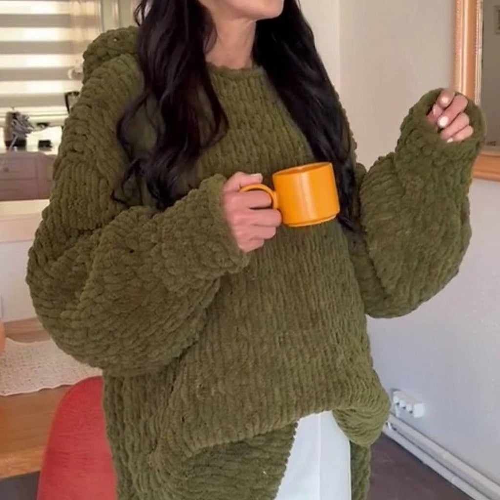 Hand-Knitted Oversized Chunky Chenille Hoodie, Balloon Sleeve