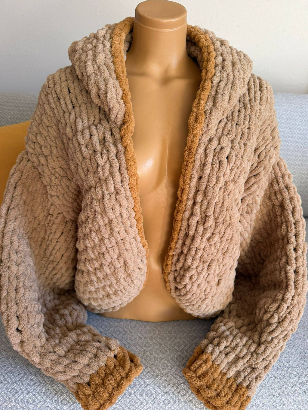 Chunky Knit Hooded Cardigan – Oversized Camel Hand-Knit Jacket with Mustard Stripe