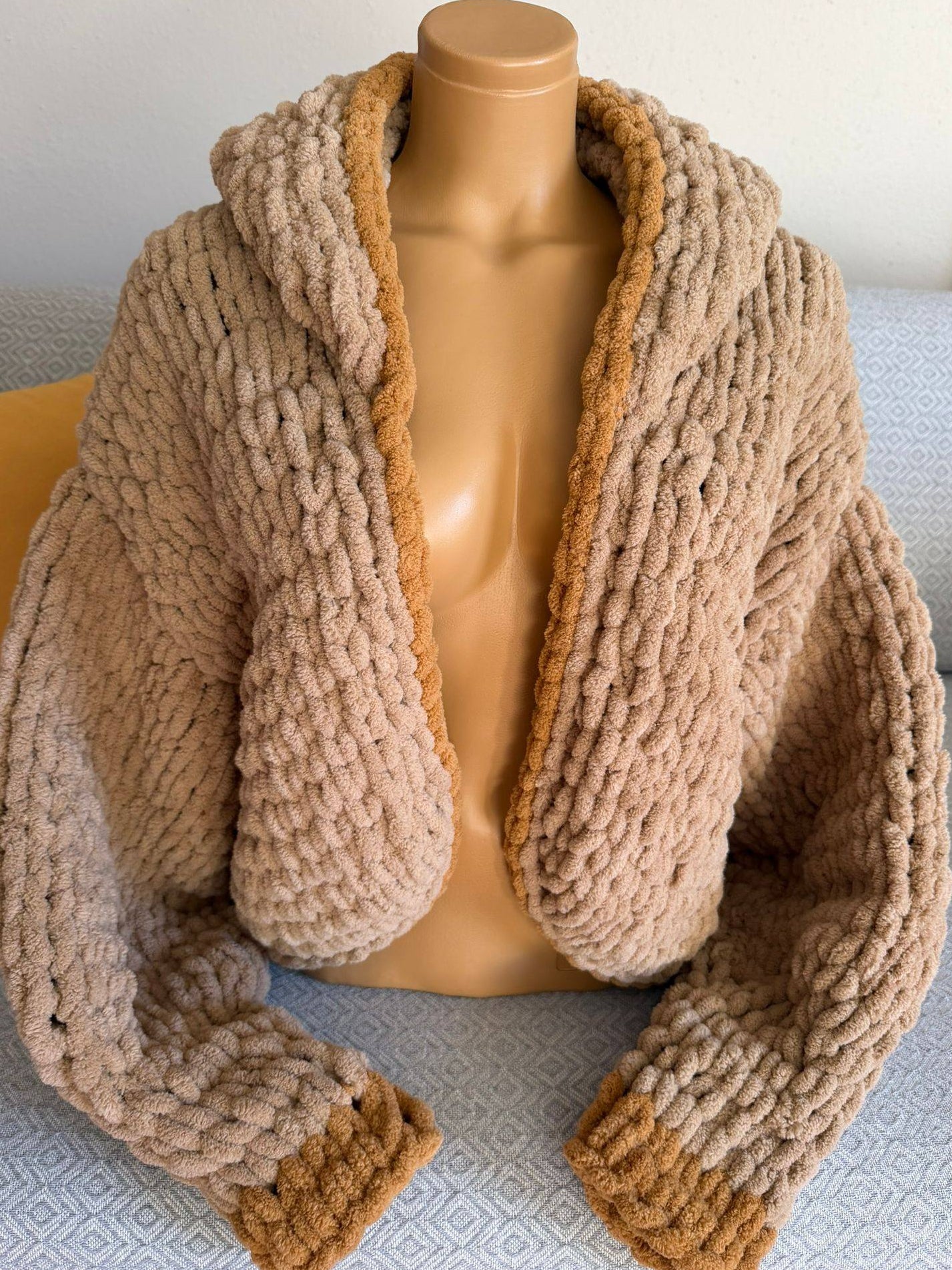 Chunky Knit Hooded Cardigan – Oversized Camel Hand-Knit Jacket with Mustard Stripe