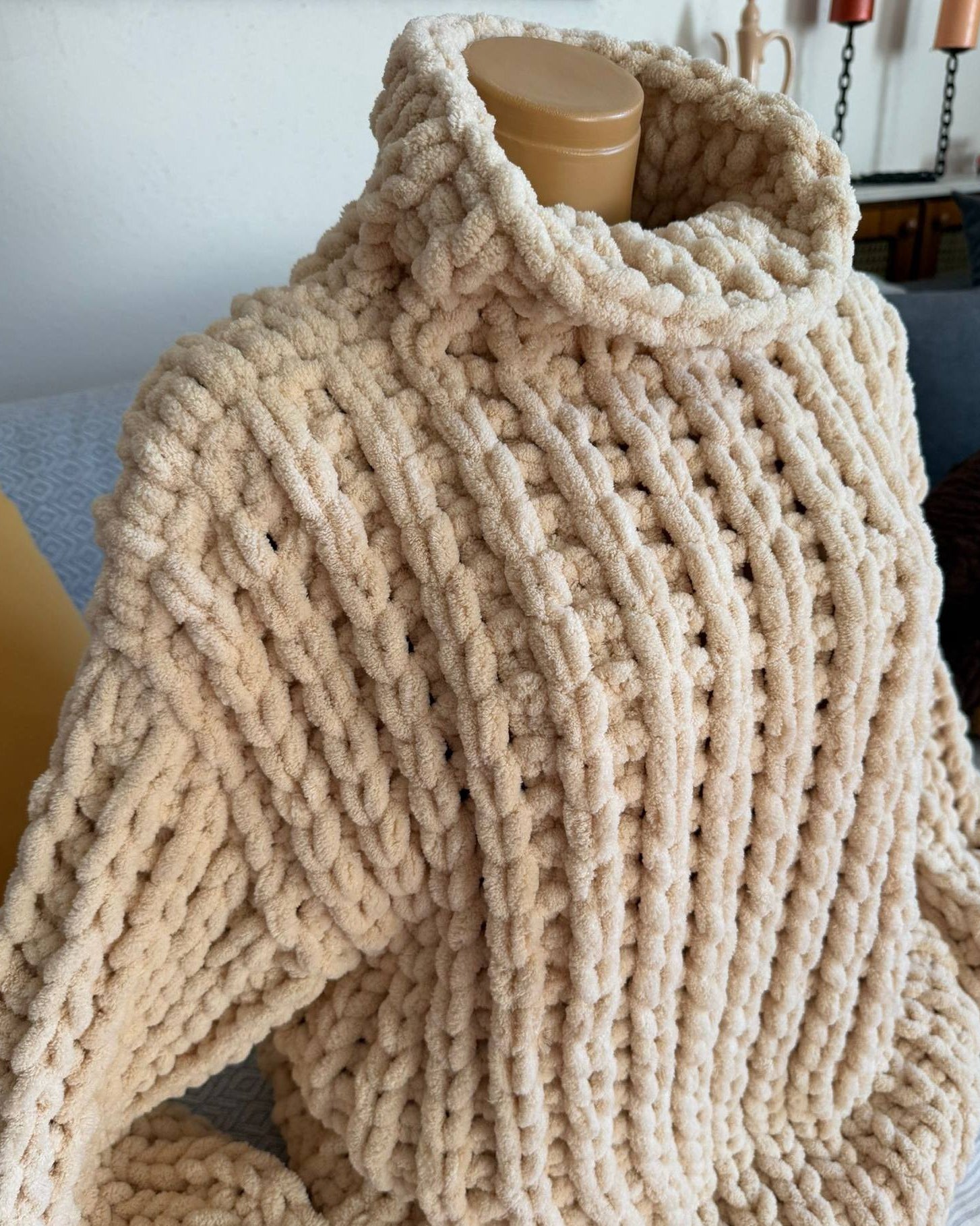 Chunky Oversized Sweater – Beige Chenille Turtleneck Balloon Sleeve Knitwear
