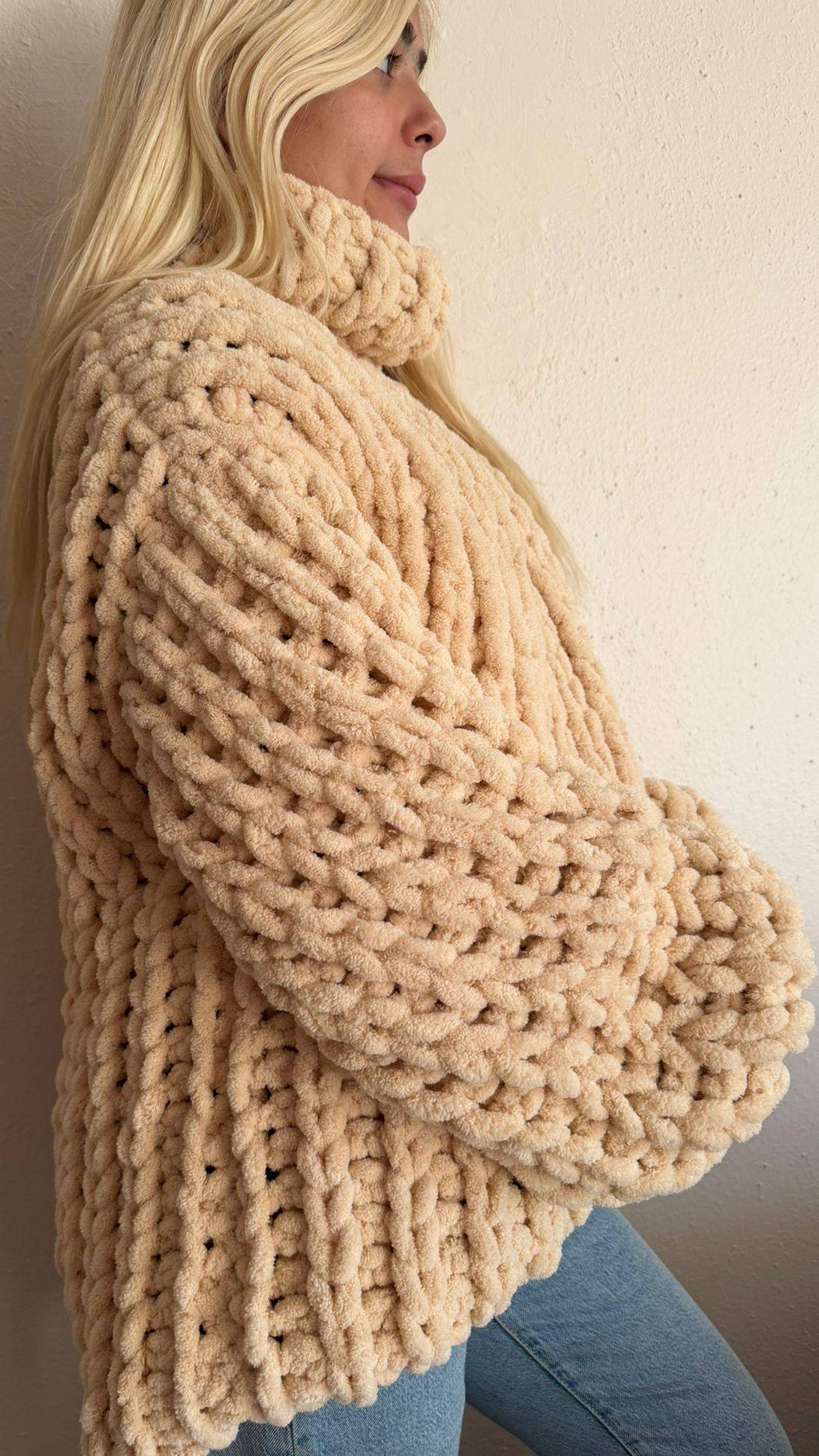 Chunky Oversized Sweater – Beige Chenille Turtleneck Balloon Sleeve Knitwear
