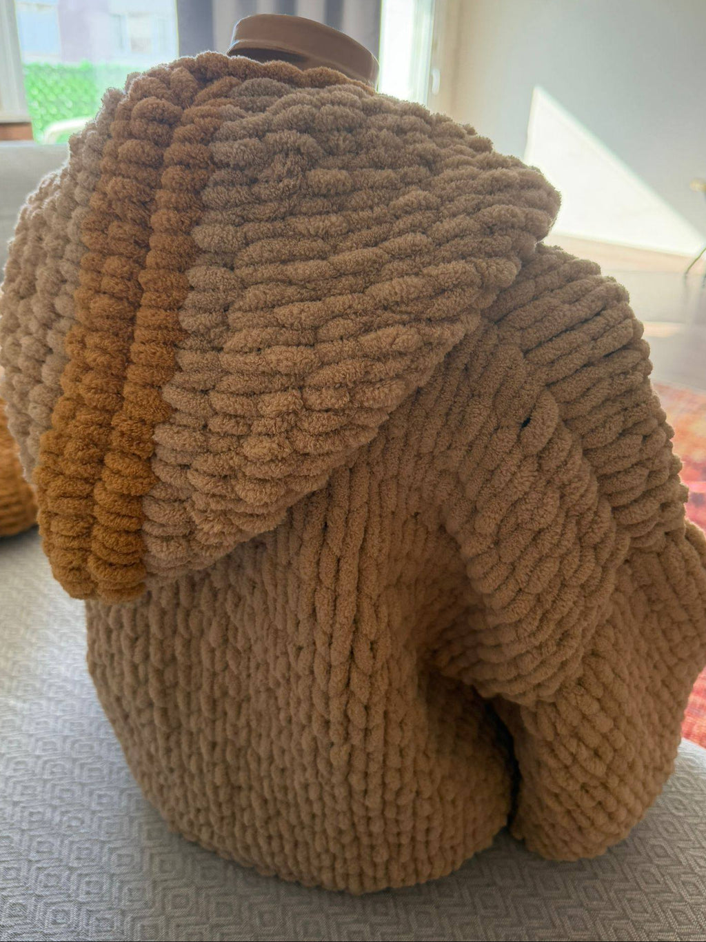 Chunky Knit Hooded Cardigan – Oversized Camel Hand-Knit Jacket with Mustard Stripe