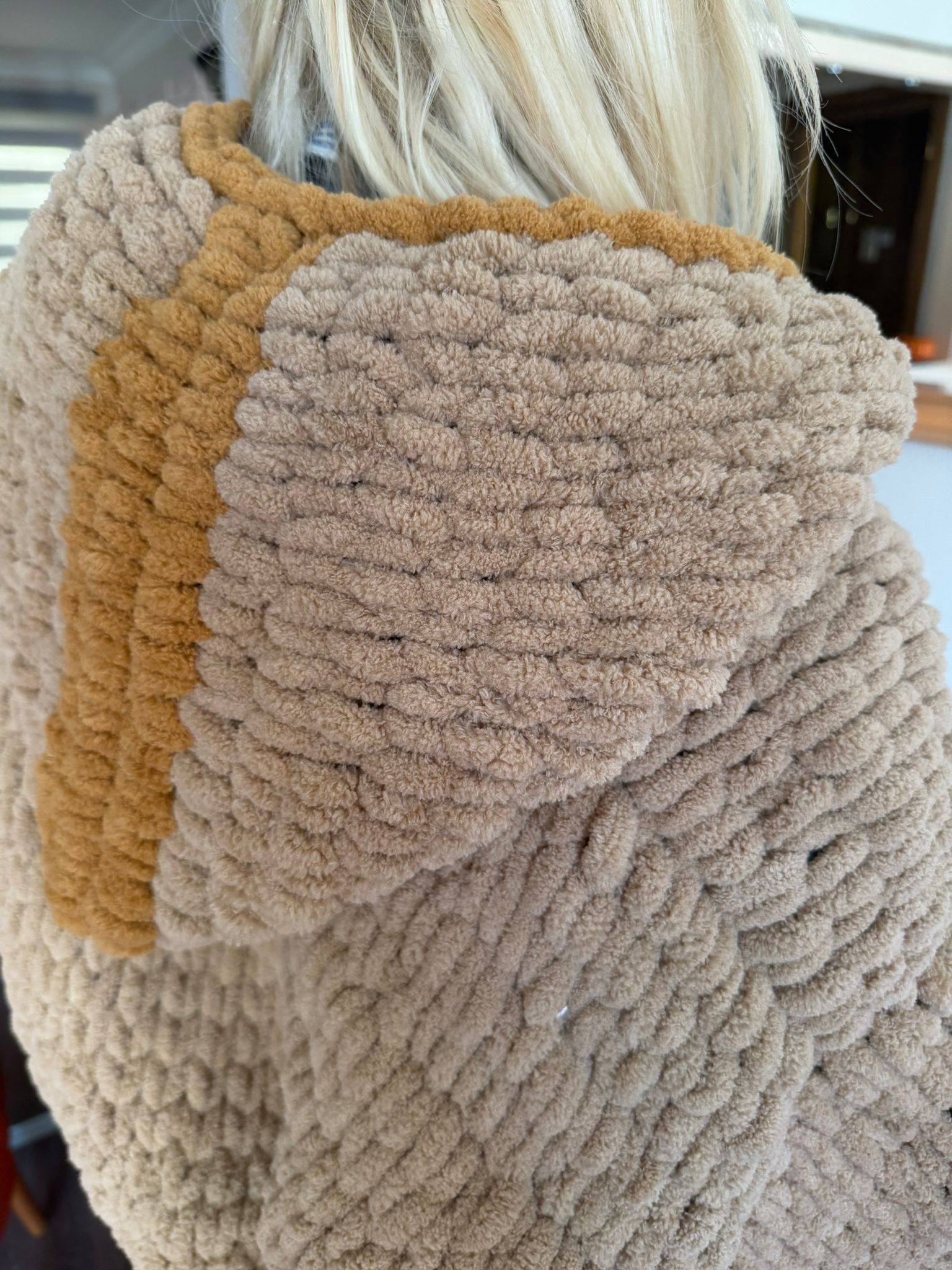 Chunky Knit Hooded Cardigan – Oversized Camel Hand-Knit Jacket with Mustard Stripe