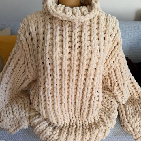 Chunky Oversized Sweater – Beige Chenille Turtleneck Balloon Sleeve Knitwear