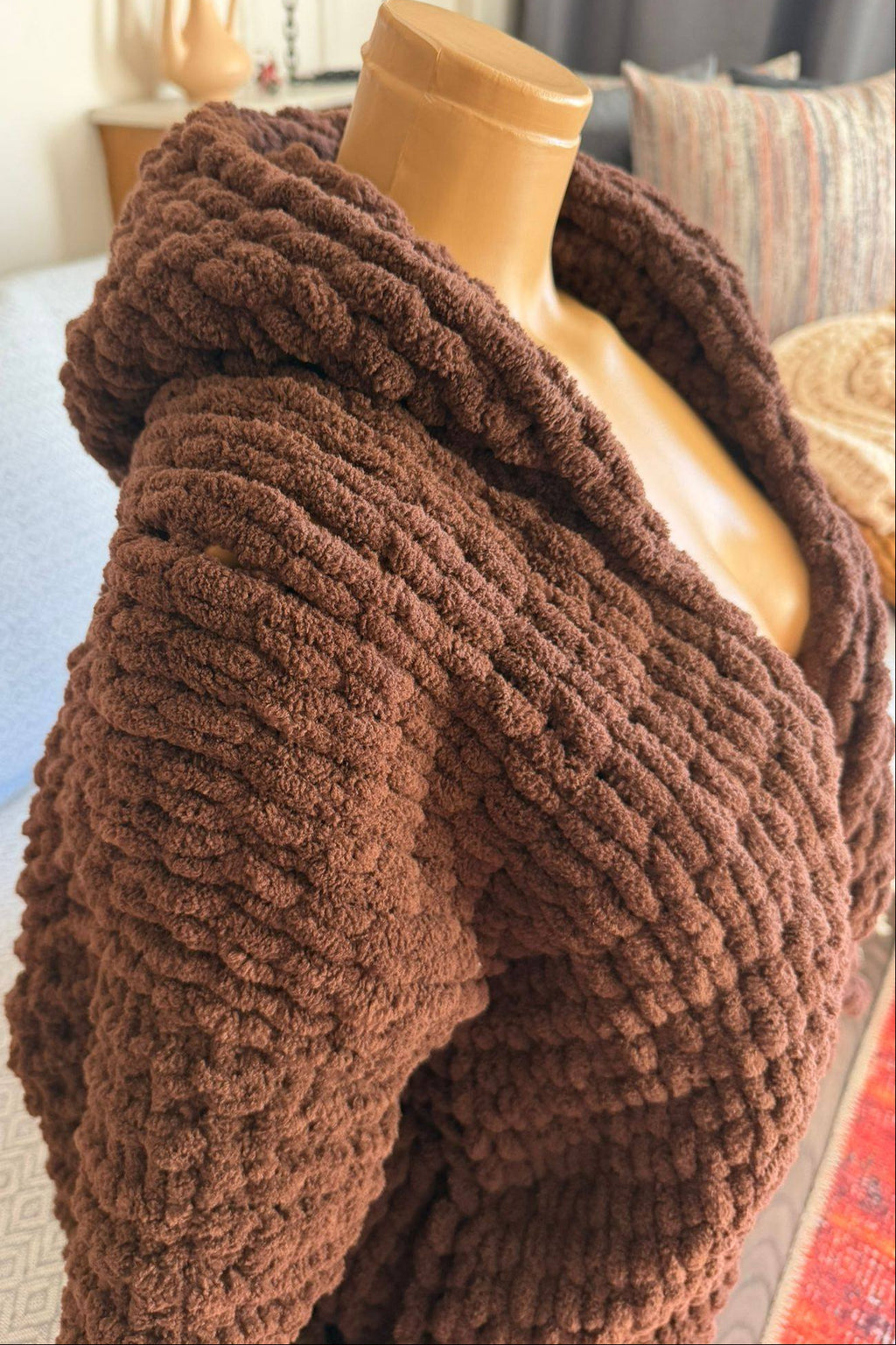 Chunky Knit Brown Cardigan – Oversized Chenille Hooded Sweater, Soft Velvet Touch