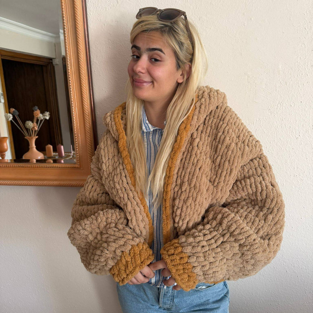 Chunky Knit Hooded Cardigan – Oversized Camel Hand-Knit Jacket with Mustard Stripe