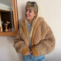 Chunky Knit Hooded Cardigan – Oversized Camel Hand-Knit Jacket with Mustard Stripe