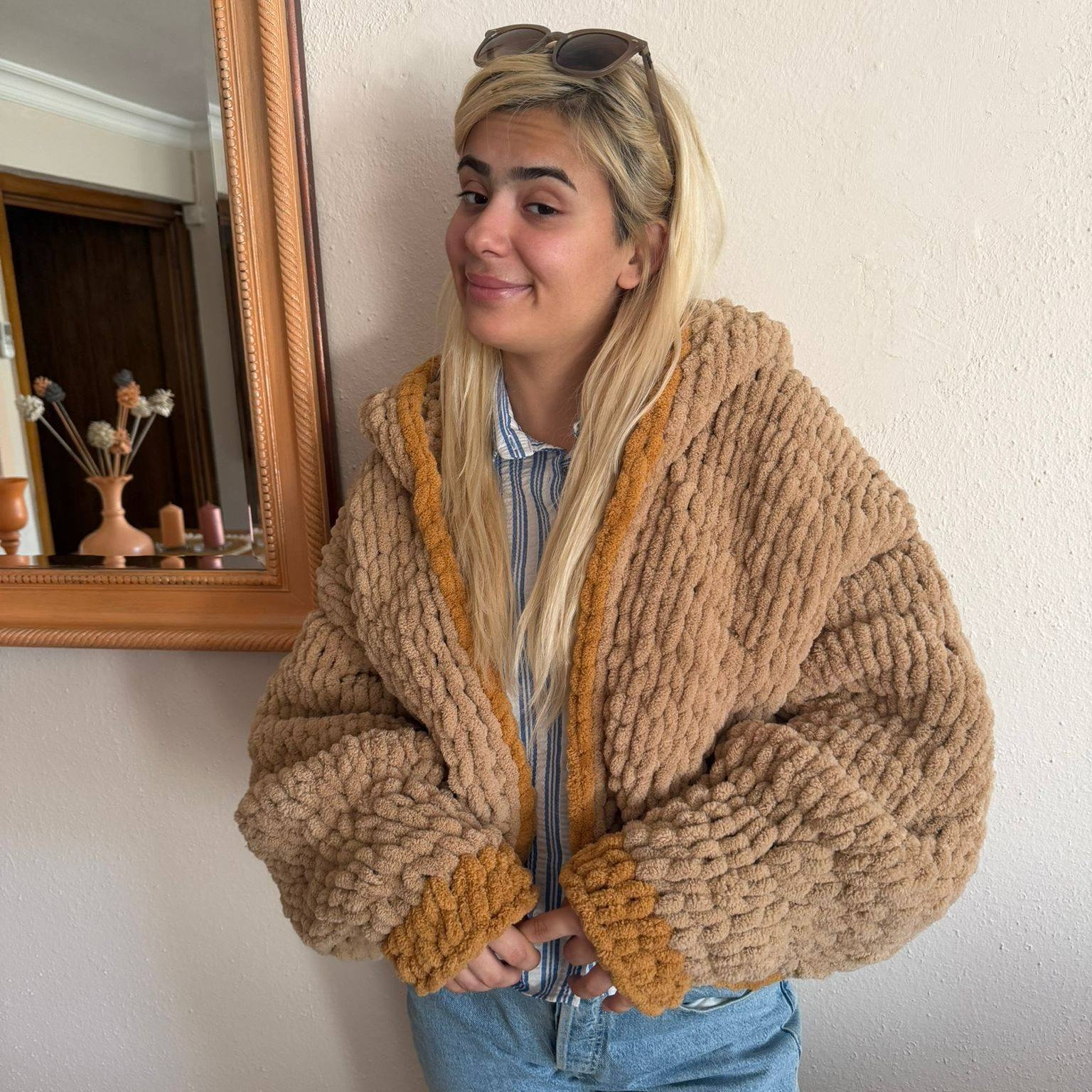 Chunky Knit Hooded Cardigan – Oversized Camel Hand-Knit Jacket with Mustard Stripe