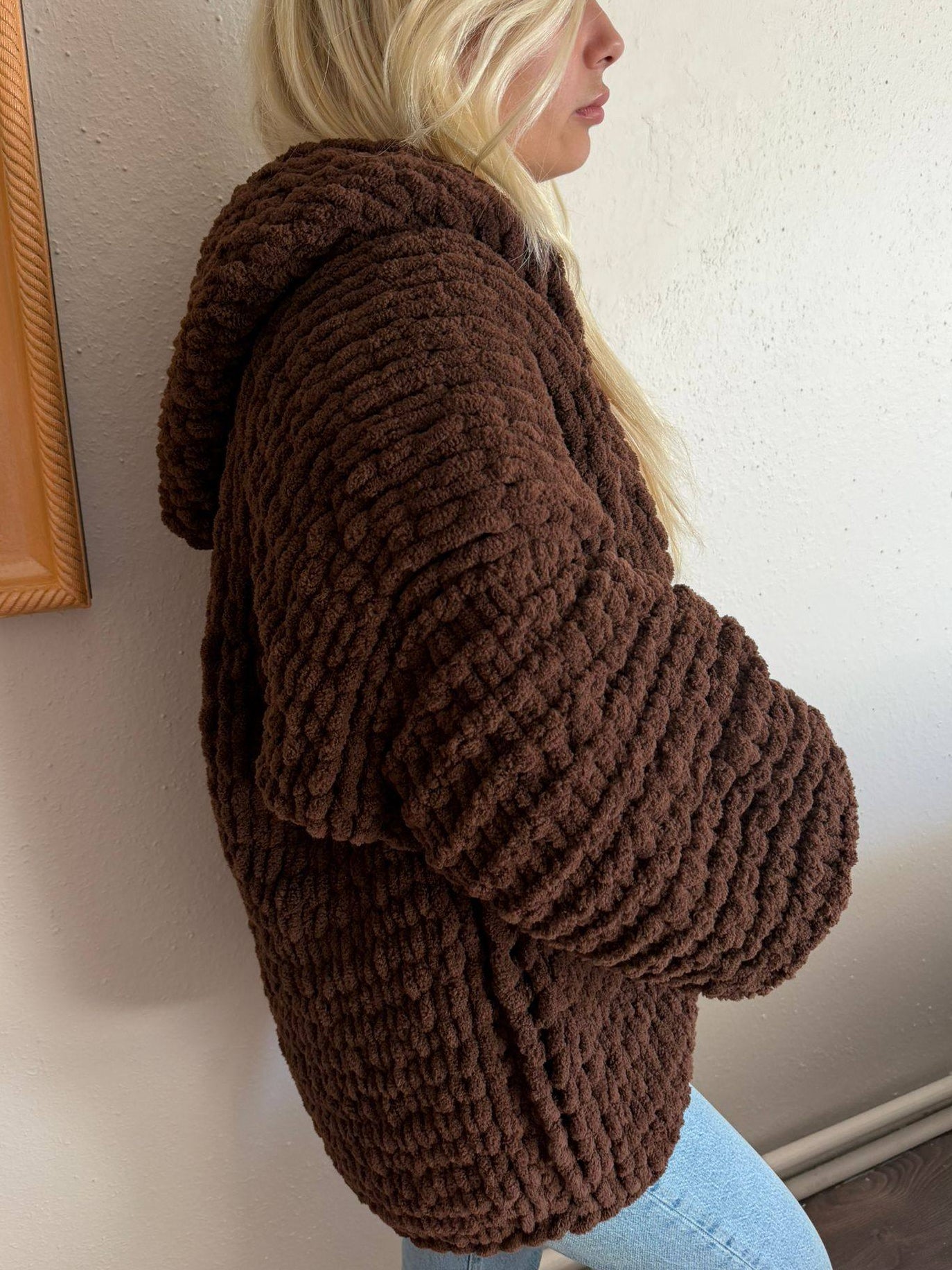 Chunky Knit Brown Cardigan – Oversized Chenille Hooded Sweater, Soft Velvet Touch