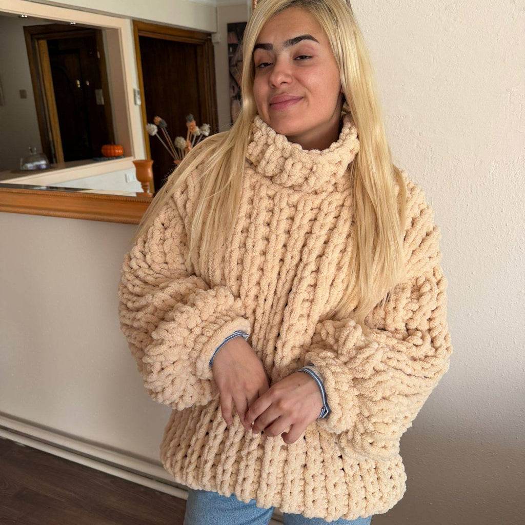 Chunky Oversized Sweater – Beige Chenille Turtleneck Balloon Sleeve Knitwear