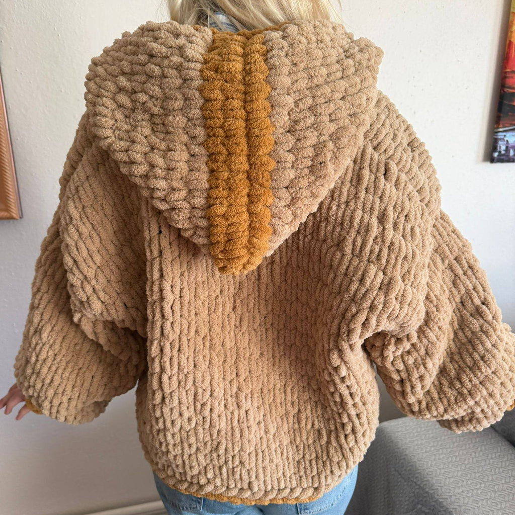 Chunky Knit Hooded Cardigan – Oversized Camel Hand-Knit Jacket with Mustard Stripe