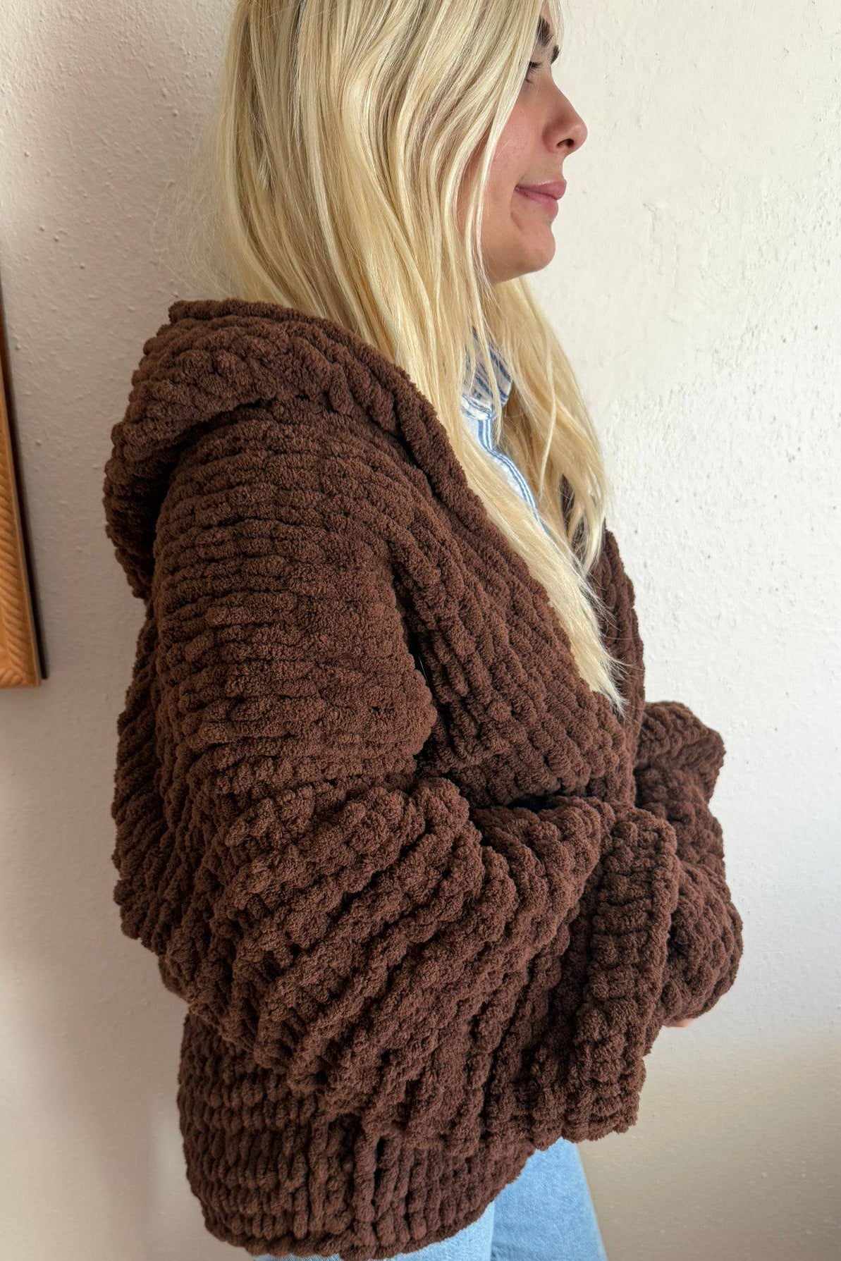 Chunky Knit Brown Cardigan – Oversized Chenille Hooded Sweater, Soft Velvet Touch