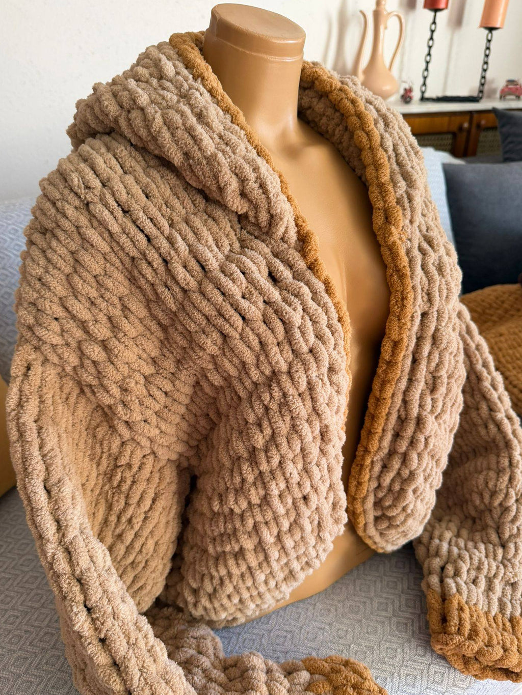 Chunky Knit Hooded Cardigan – Oversized Camel Hand-Knit Jacket with Mustard Stripe